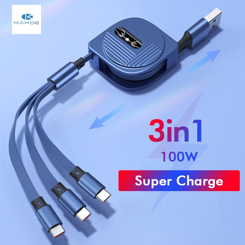 KAXOE ReadyStock 100W 6A Super Fast Charger Cable 3 in 1 Retractable