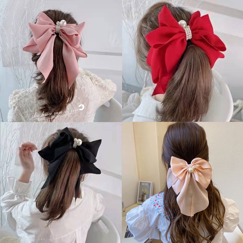 Korea Large Bow Pearl Ribbon Hair Clip Girl Cute Hairpin | Shopee Malaysia