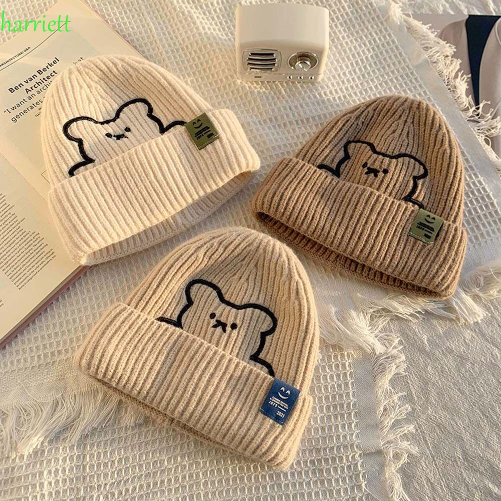 Tompik Assorted colour Lovely Korean Style Caps Pack of 1 Cute Women  Beanies Knitted Hat All-match Autumn Embroidered Bear Warm Skullies Simple  Wool