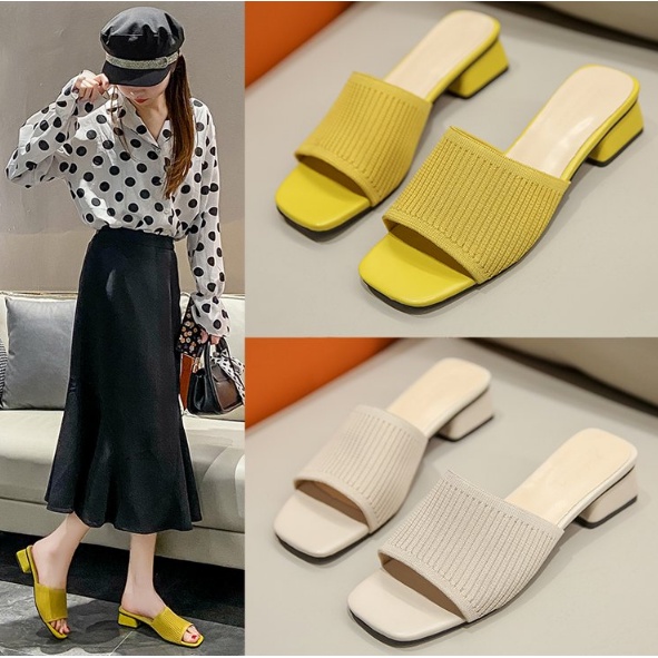 Raya MidHeel Sandals Square Toe Thick Heel Knitted Fashion Large Size