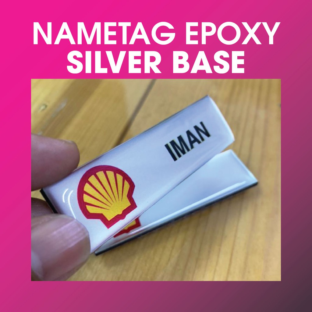 Name Tag Shel Epoxy Full Color Printing Customade Silver Base Name