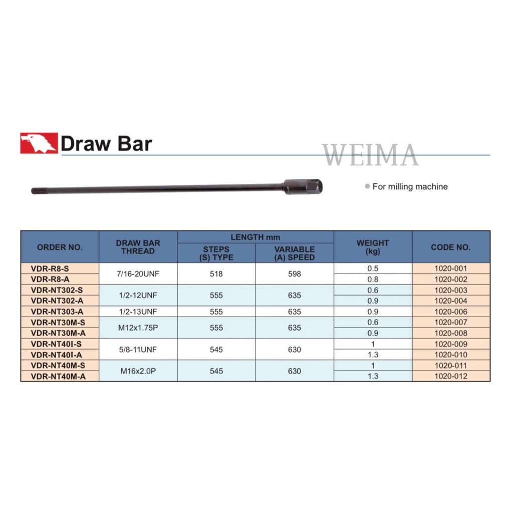 DRAW BAR FOR R8 MILLING MACHINE VDR-R8-S / VDR-R8-A | Shopee Malaysia