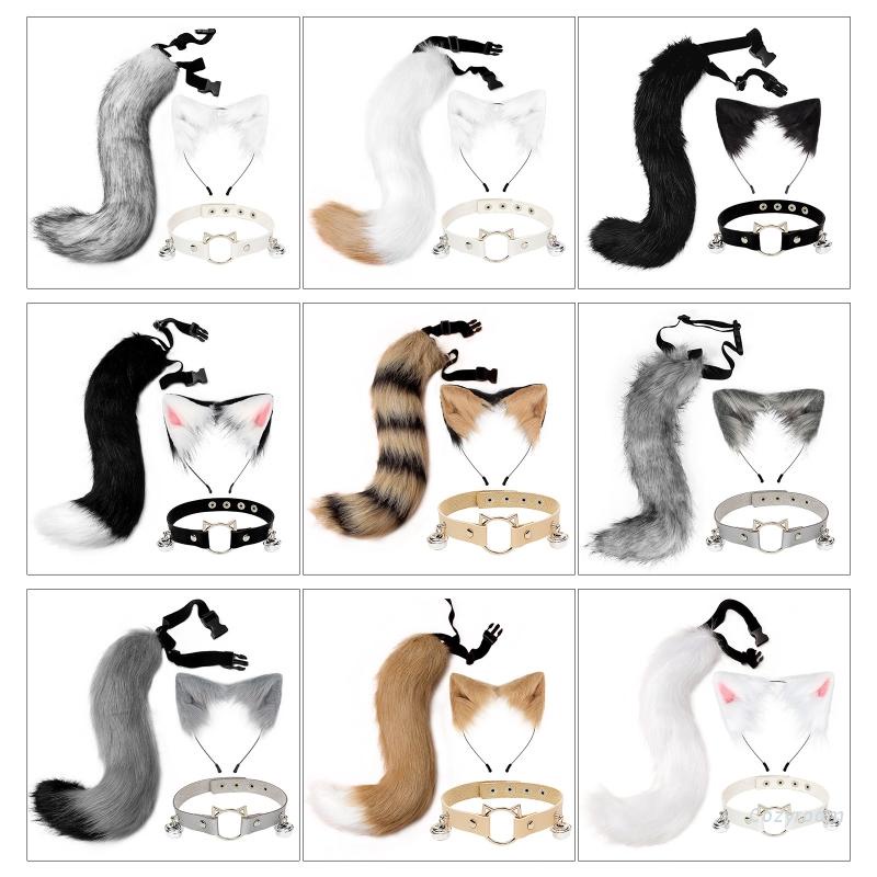 for Cat Ears Headband Tail Leather Necklace Set Cosplay Headpiece ...