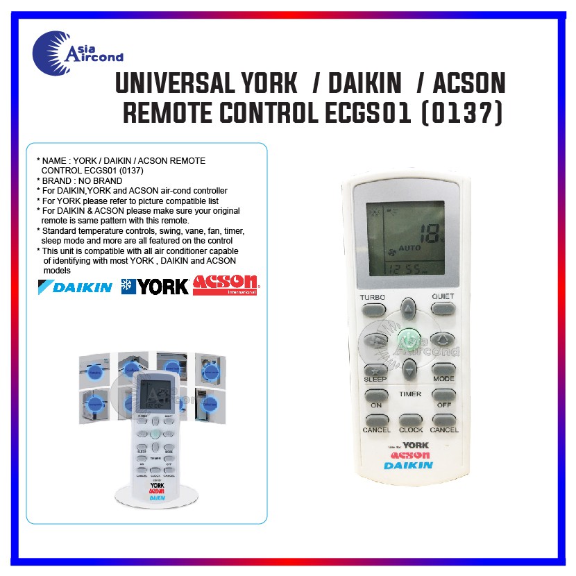 UNIVERSAL DAIKIN / YORK / ACSON REMOTE CONTROL ECGS01 (0137) | Shopee ...