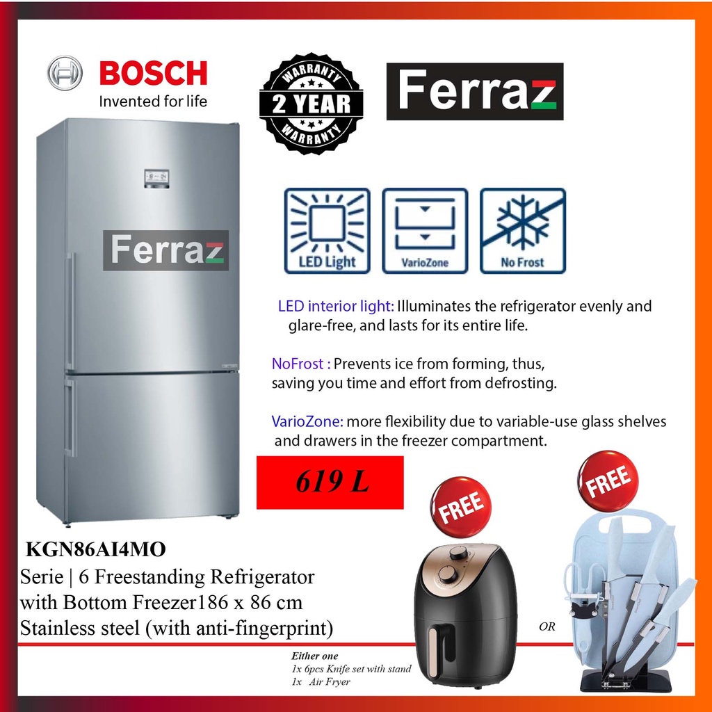 BOSCH KGN86AI4MO Series 6 BOTTOM FREEZER REFRIGERATOR 2DOOR 619L