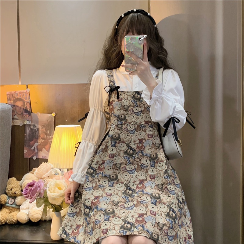 Sweet Bowknot Long Sleeve Shirt Dress Korean Cute Bear Strap Dress Shopee Malaysia