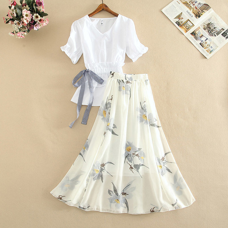 White blouse fashion and skirt outfit