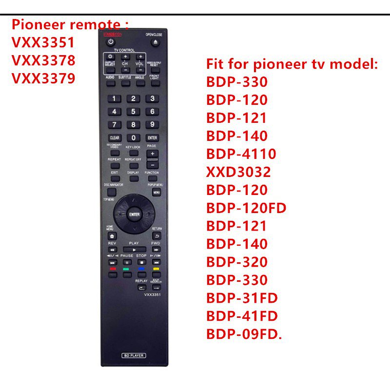 Leankle Telecomando VXX3351 per Pioneer Lettori Blu-ray Disc BDP-120, BDP- 121, BDP-31FD, BDP-330, BDP-33FD