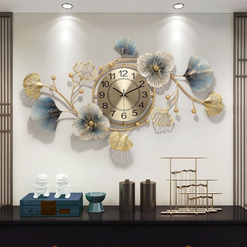 Jam Dinding Besi Bunga Ginkgo Hiasan Rumah Moden Metal Wall Clock DIY