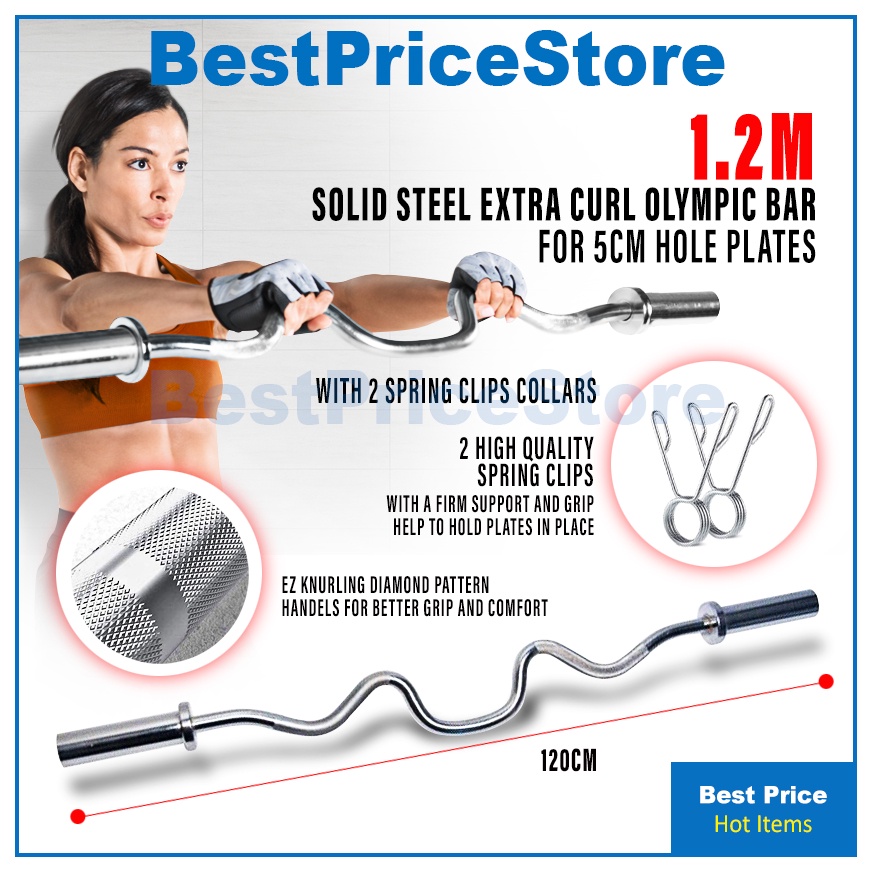BPS 1.2m Full Steel Olympic Barbell Extra Curve Ez Curl 5cm Hole Gym