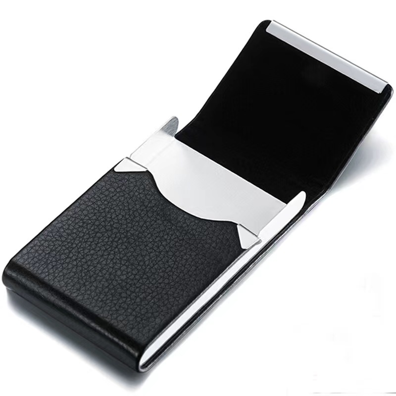 Business Card Holder Case - PU Leather Business Card Case Name Card Holder  Slim Metal Pocket Card Holder with Magnetic Shut, Black 