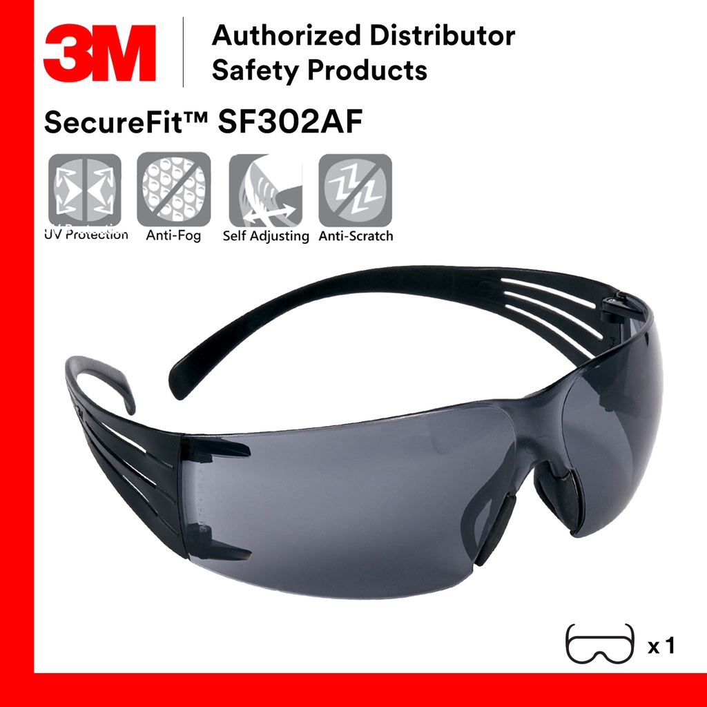 3M SF302AF Grey Lens SecureFit Lightest Safety Eyewear/Asian Facial
