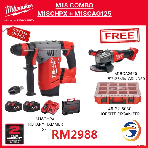 MILWAUKEE M18CHPX 502C M18 FUEL HIGH PERFORMANCE SDS PLUS HAMMER 3 MODE 18V 28MM COMBO SET