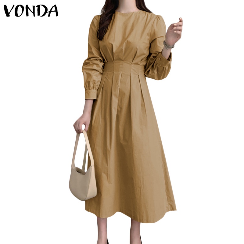 VONDA Women Korean Round Neck Long Sleeve Tunic Plain Pleated Long ...