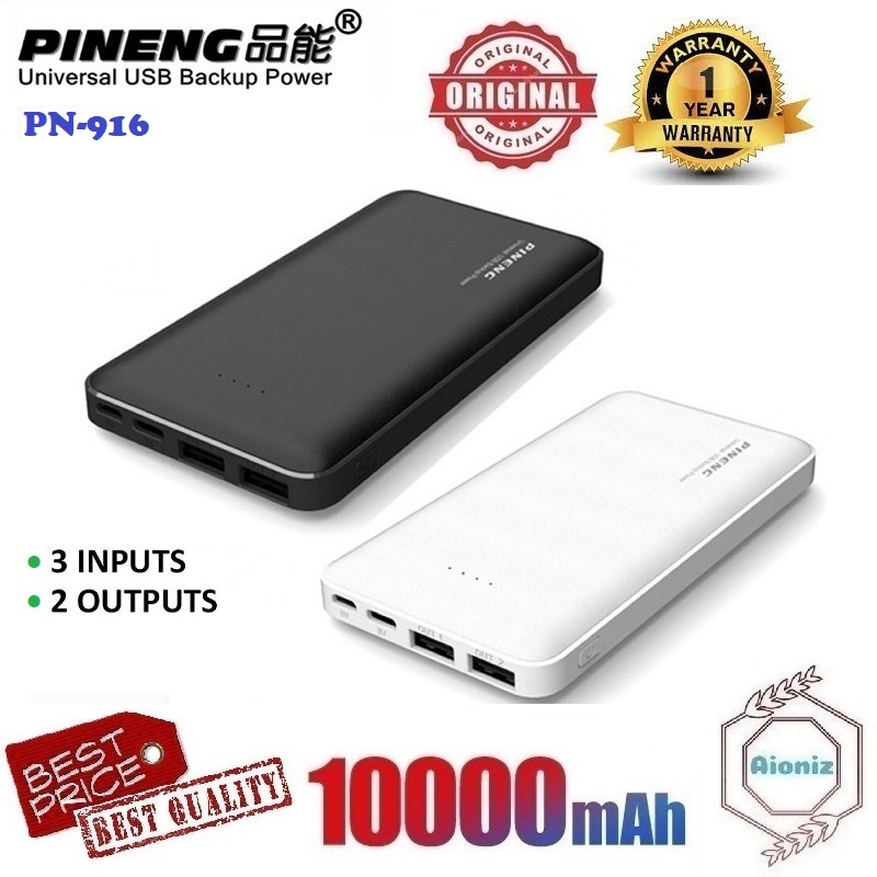 PINENG PN916 Power Bank, 10000mAh, 3 Input, Black Color