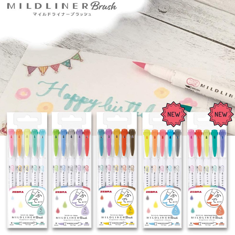 Japan Most Popular Zebra Mildliner Highlighter Brush Pen 5 Colors Set