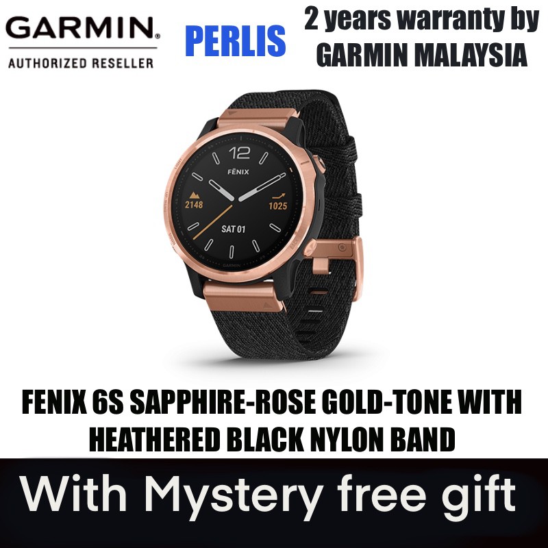 GARMIN FENIX 6S SAPPHIRE ROSE GOLD TONE WITH HEATHERED BLACK NYLON