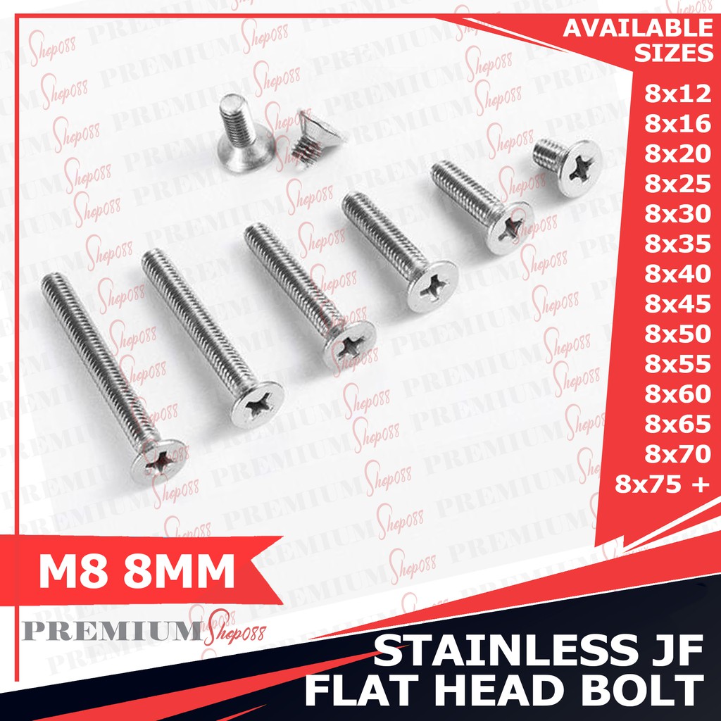 M8 8MM Stainless Flat Head Bolt JF SS Bolts Hexagonal Hex Nut Washer ...