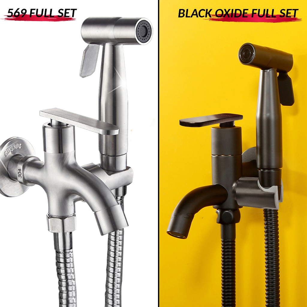 Full Set Stainless Steel 2 Way Tap Bathroom Bidet Spray Holder Hose Hos