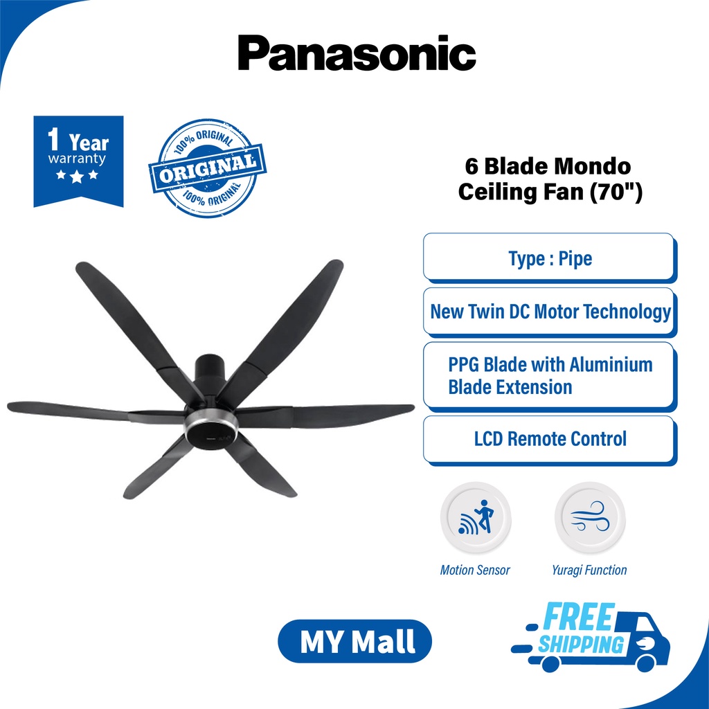 PANASONIC CEILING FAN 6 BLADE PIPE TYPE FM18LY (70") DC Motor, Motion Sensor, Yuragi, Timer