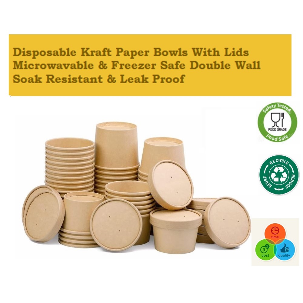 Disposable Kraft Brown Paper Bowls With Lids Paper Soup Containers Food ...