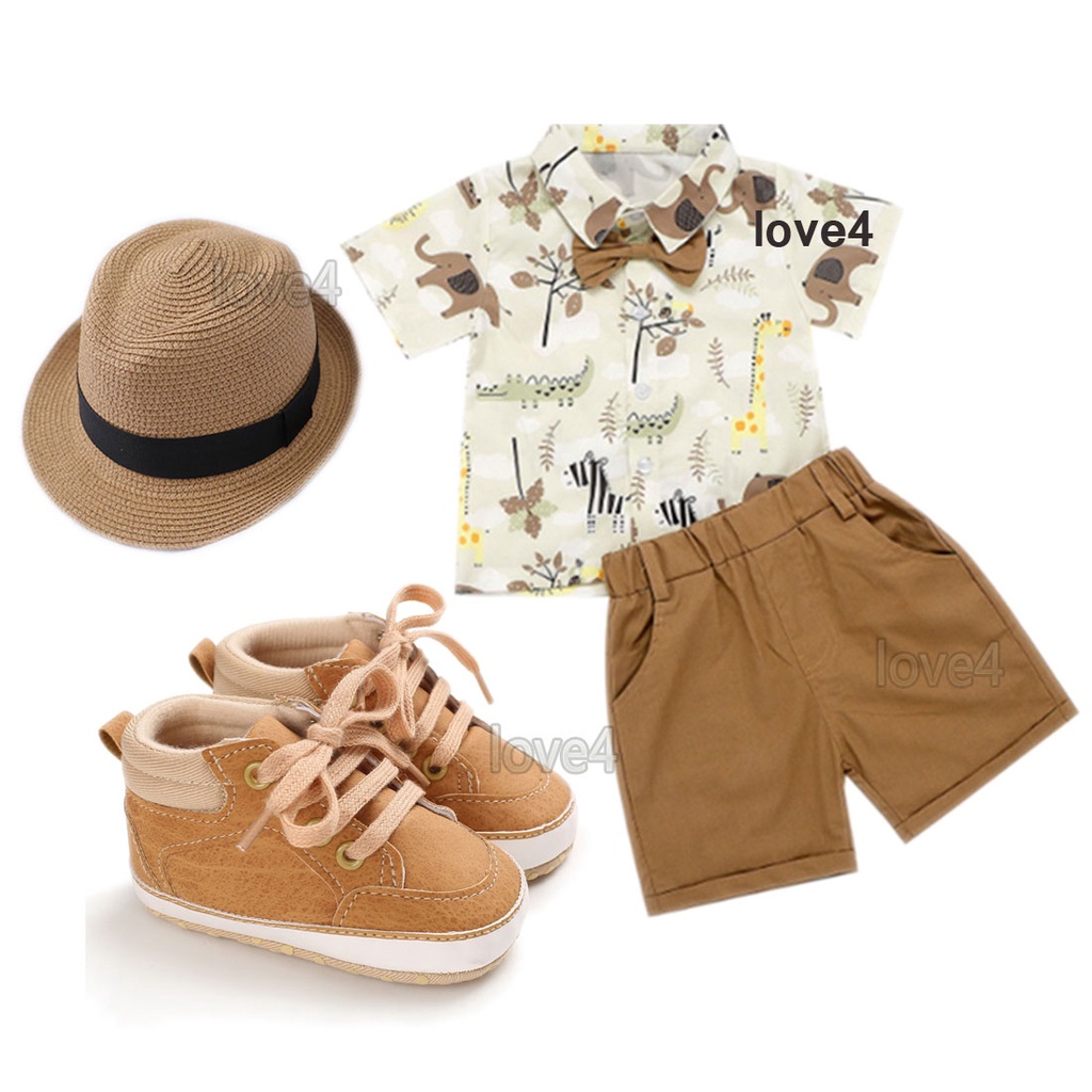 Jungle Safari Costume Baby Boy Brown Suit Elephant Giraffe Print Polo