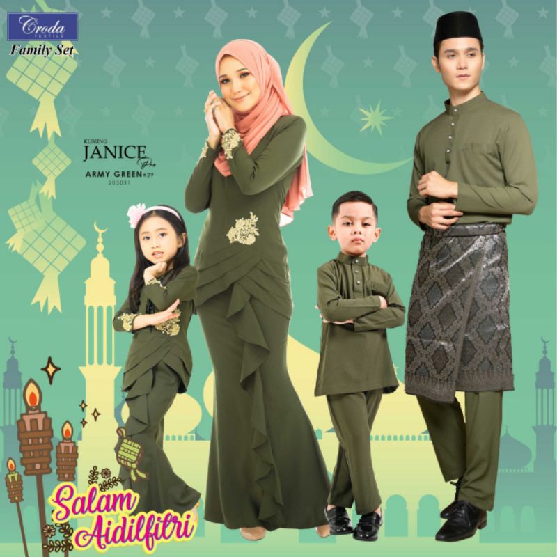 BAJU KURUNG MODEN KIDS ARMY GREEN BAJU MELAYU SLIM FIT SET FAMILY SEDONDON IBU ANAK BAJU RAYA