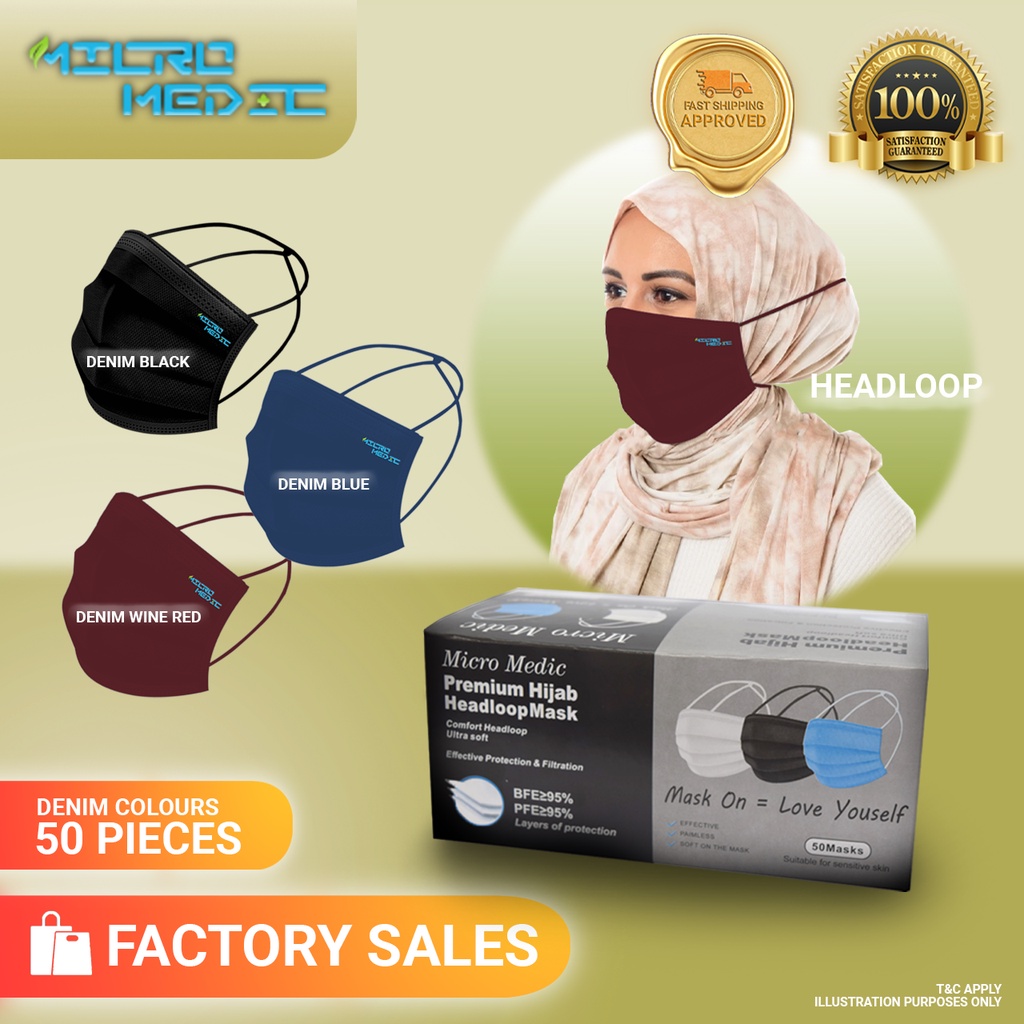 Headloop Denim Colour Mask MICROMEDIC 50pcs Mask 3ply Face Mask Hijab ...