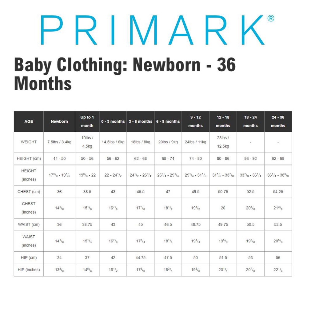 Primark pyjamas size chart hotsell