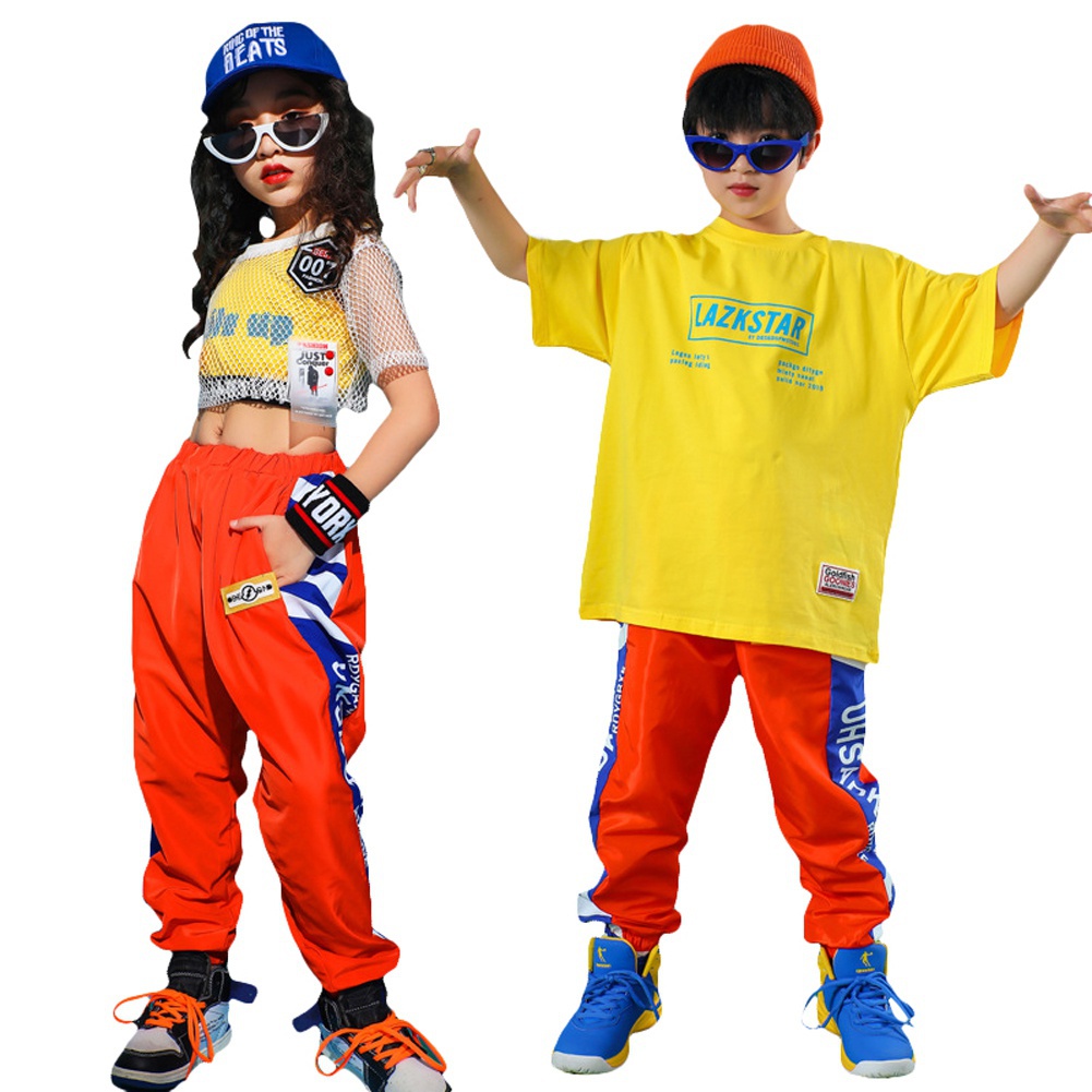 Boys Girls Hip Hop Street Dance Clothes Crop Tops Orange Jogging Pants Set Kids  Jazz Dance Outfit Sportswear