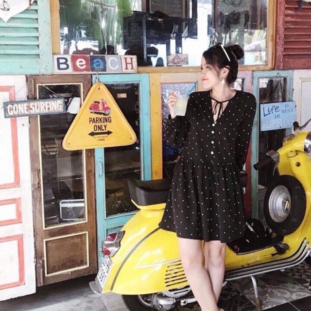 Black Polkadot Babydoll Dress - M