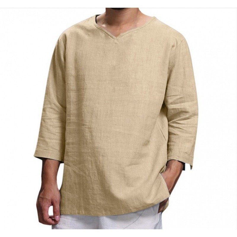Men's Cotton Linen Henley Shirt Casual 3/4 Sleeve Wedding Yoga Shirts