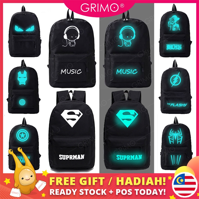 READY STOCK🎉GRIMO Glow In The Dark School Travel Backpack Sekolah Bags ...