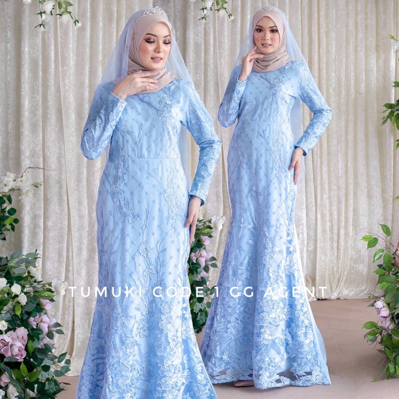 Tumuki Size S M L Bridal Dress in Baby blue lace Dress nikah tunang free veil Shopee Malaysia