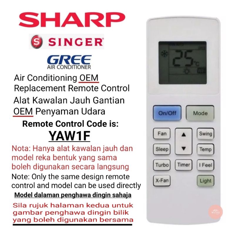 Sharp/Singer/Gree Air cond Air conditioner Replacement Remote Control ...