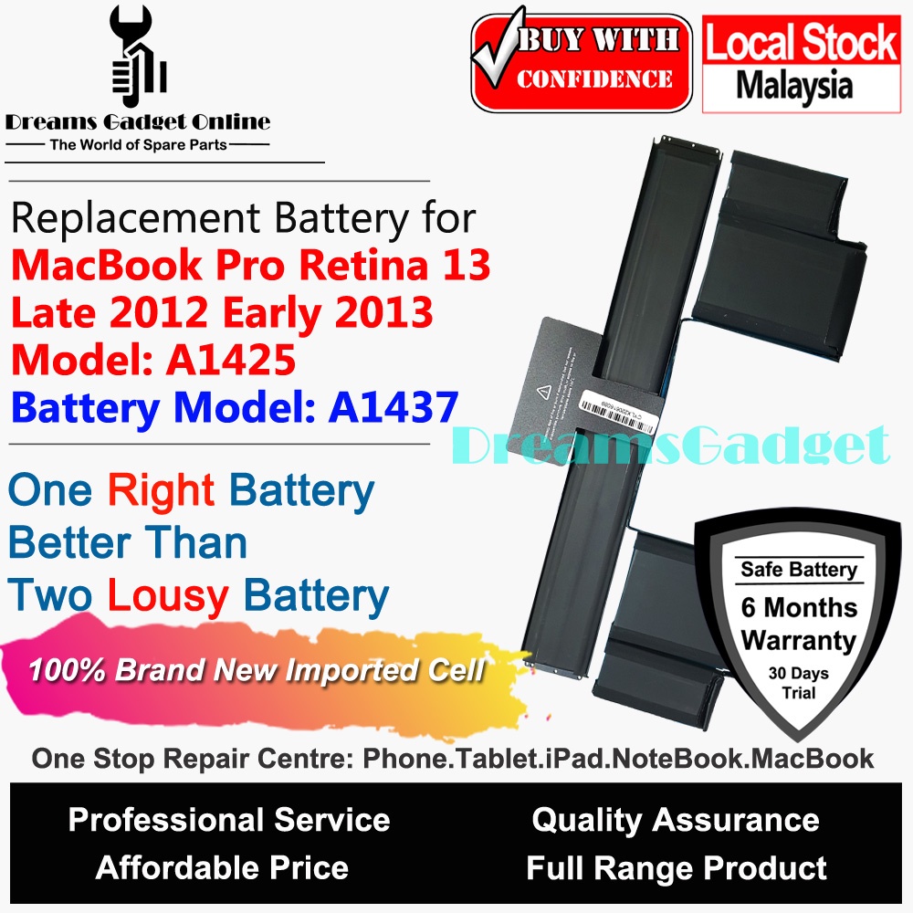 Replacement Notebook Battery A1437 for McBook Pro Retina 13 Late 2012 ...