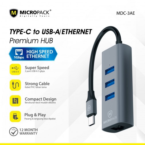 MicroPack MDC-3AE USB Type C TO USB-A HUB With Ethernet Giga Port 1 ...