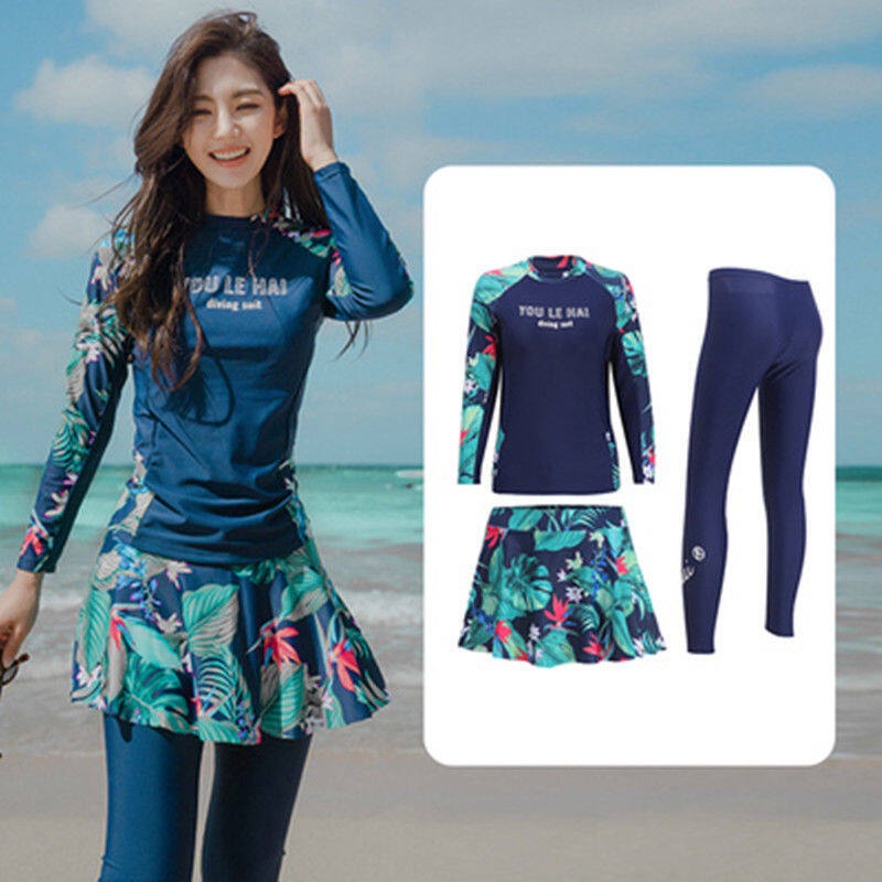 Women Rashguards Long Sleeves Long Trunks Set Water Sports Swimming