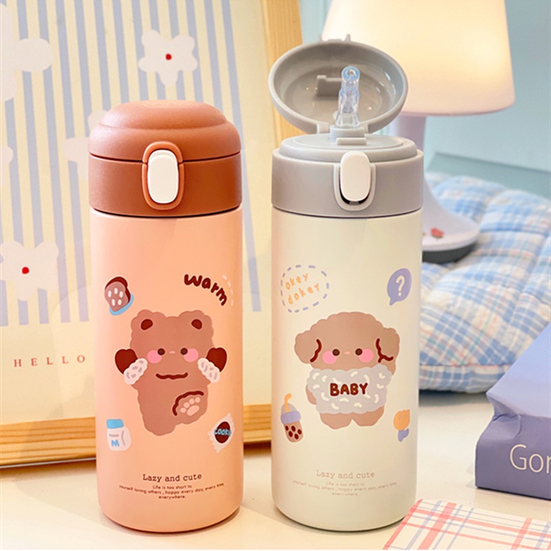 380ml Portable Kids Cute Thermos With Straw 304 Stainless Steel