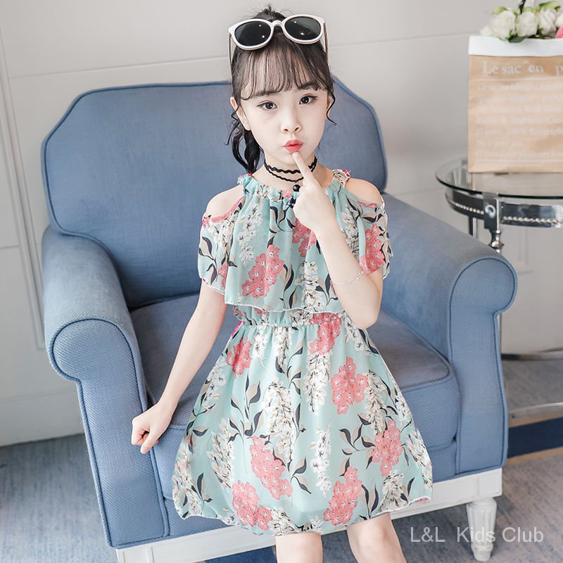 Girls dress 5 Girls round neck chiffon princess dress 6 Girls fashion print  cute beach dress 8-12 years old girl skirt