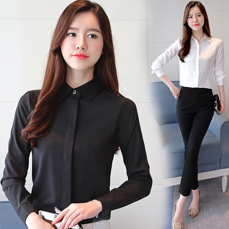 Ready Stock Women Casual Blouse Formal Long Shirt Black White Tops Clothing