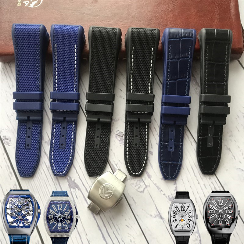 Alternative FM Franck Muller Leather Watch Band Male French Mulan V45 Silicone Nylon Black Blue Bracelet 28mm Black Blue