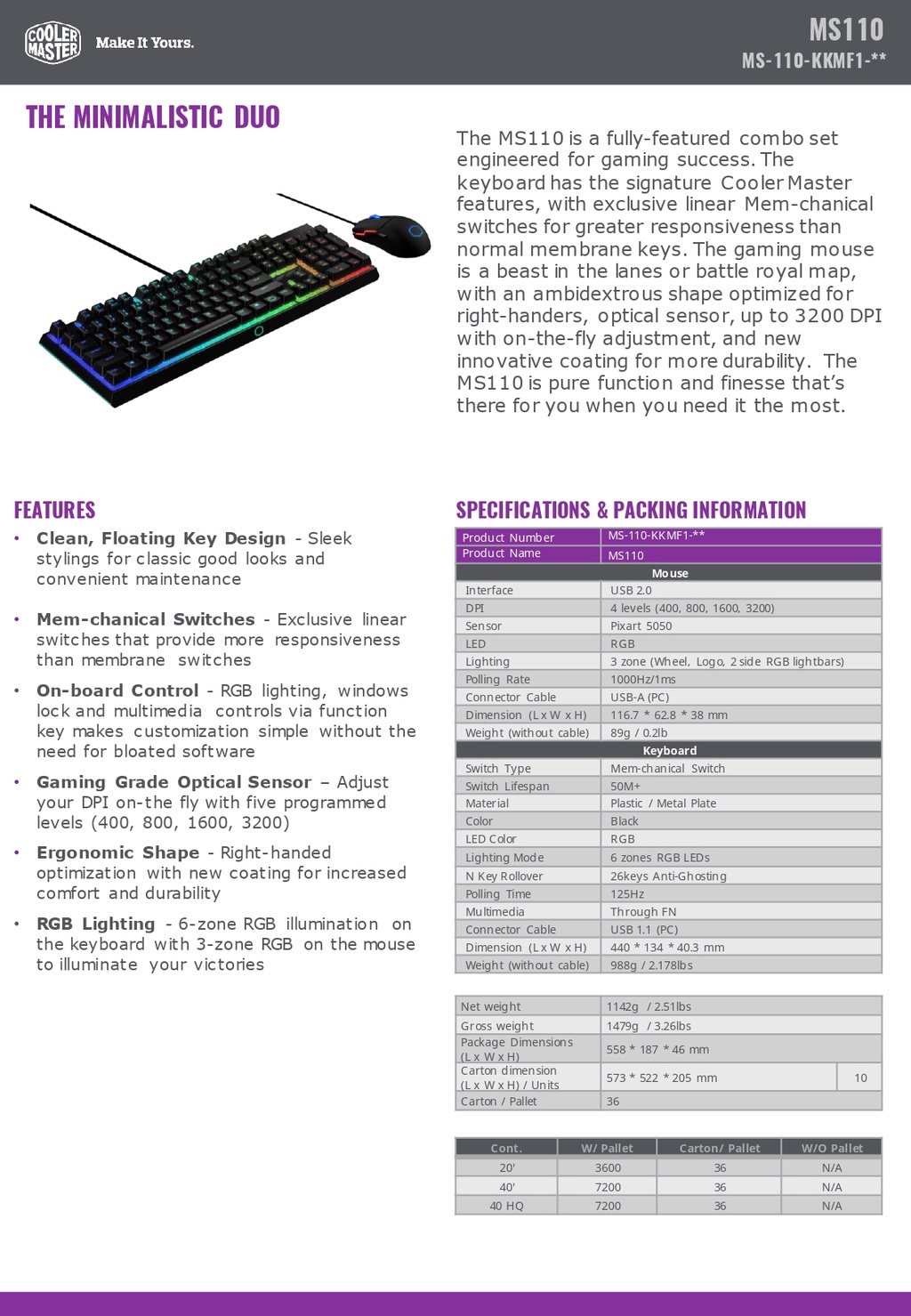 Cooler Master MS110 RGB Gaming Keyboard And Mouse Combo (CM-MS-110 ...
