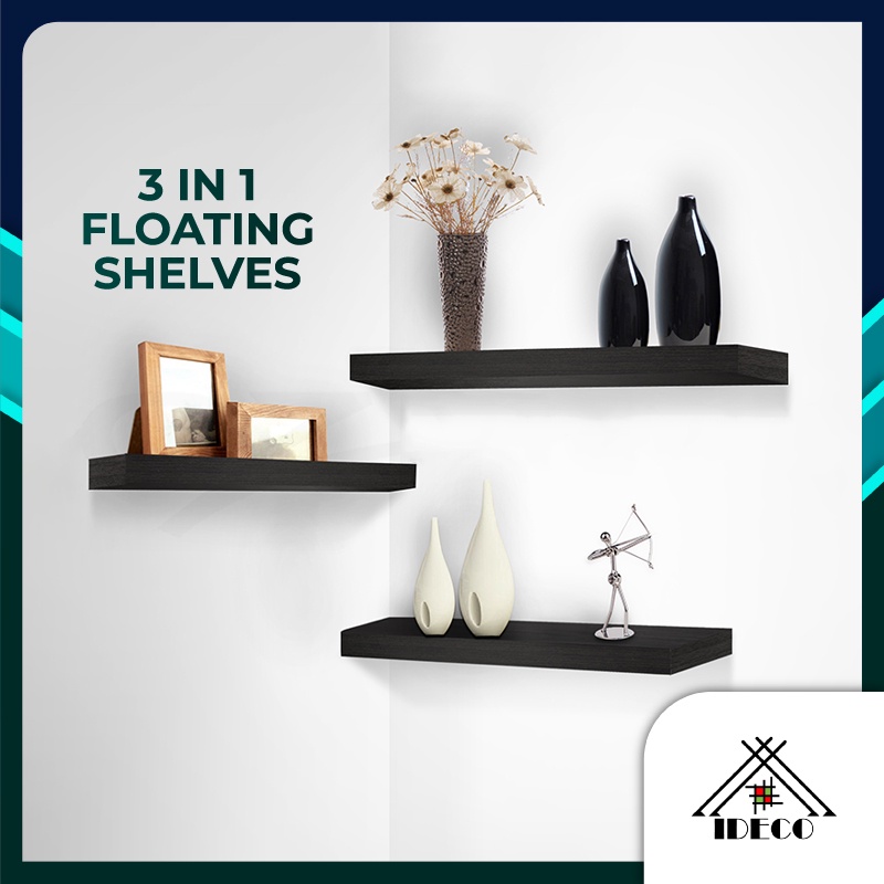 iDECO 3PCS Floating Rak Dinding Terapung Hanging Shelf Wall Shelf ...