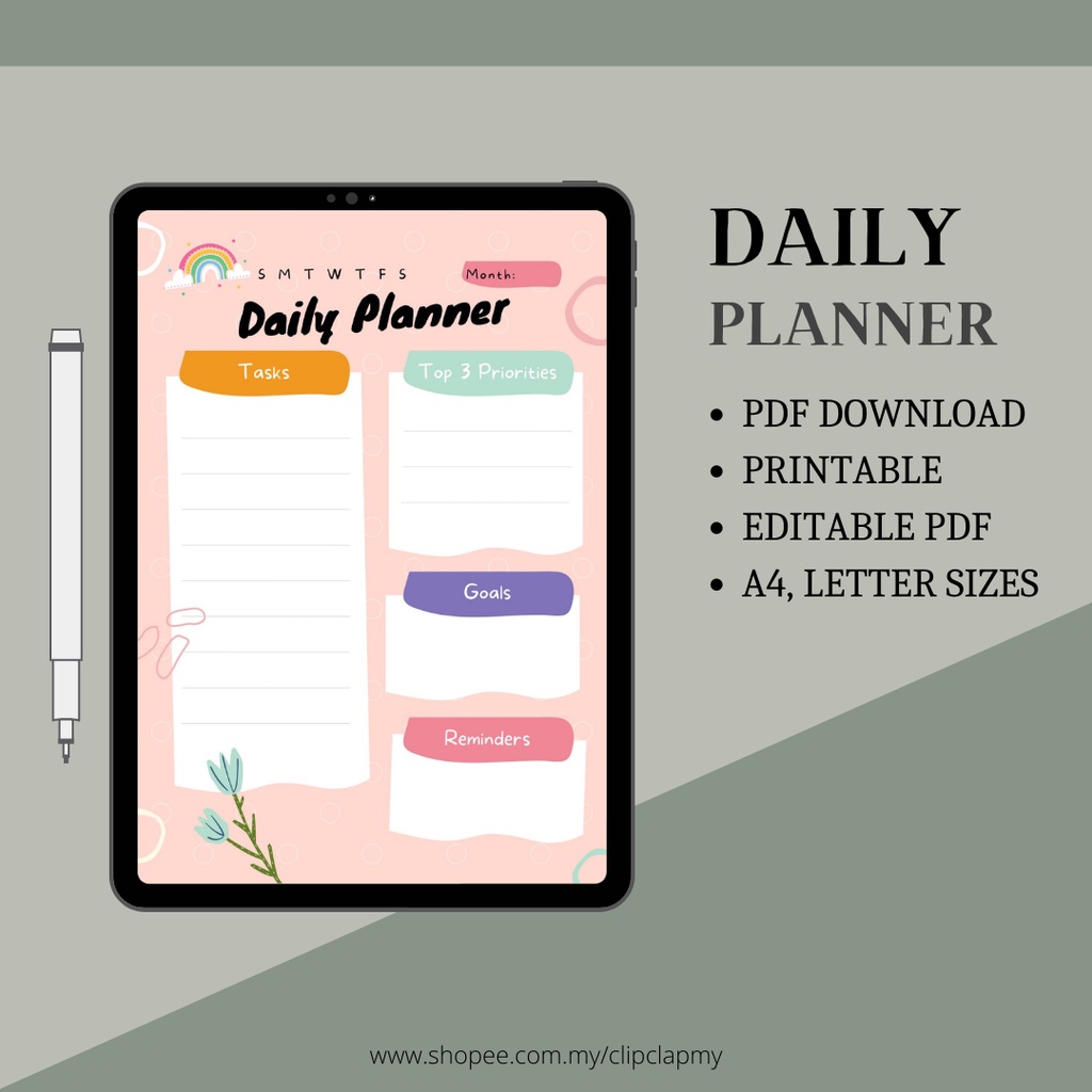 Daily Digital Planner | Printable & Editable PDF | Digital Download ...