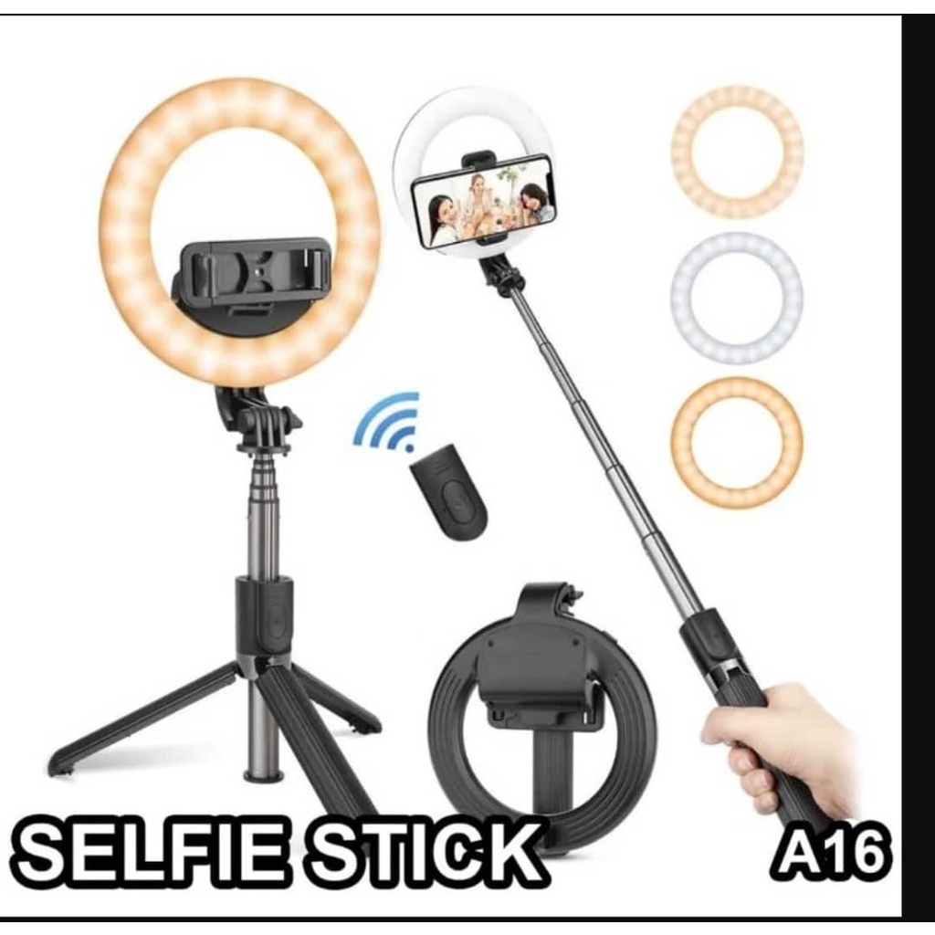 Selfie Stick A16 LED Ring Light With Foldable Tripod Wireless Bluetooth ...