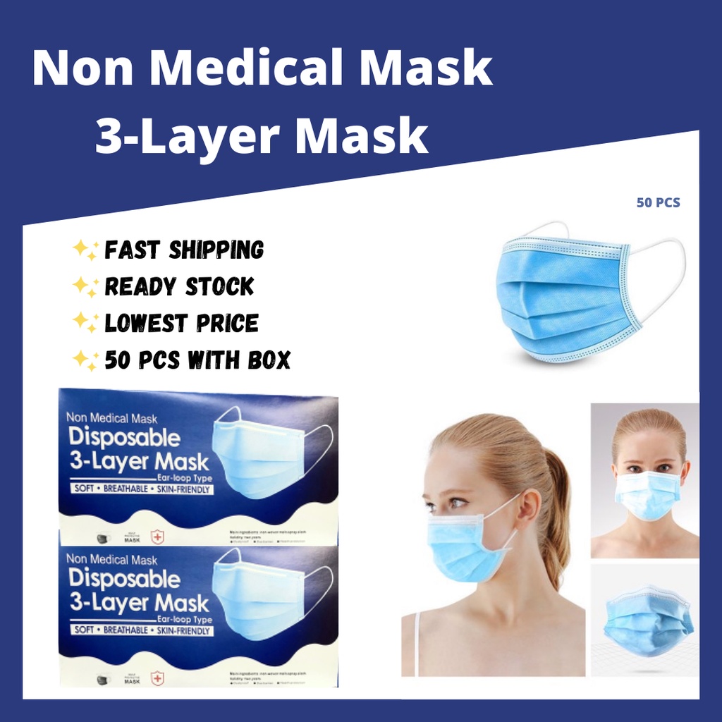 3PLY Good Quality Face Masks Standard Blue With Box [50PCS] Full Blue Mask  Biru Mask Non Medical Mask