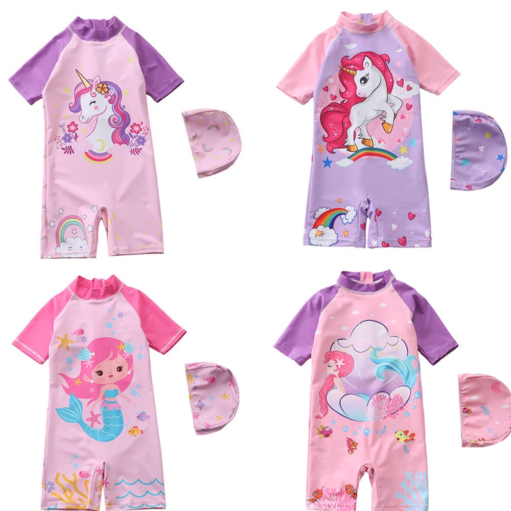 Little Surprise Box 2 pcs Shirt & Skirt set, Mint & Pink Multi Swimwear with matching swimcap for Kids with UPF 50+ main image 0