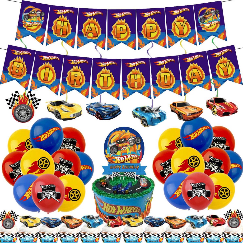 Hot Wheels Theme Happy Birthday Party Decorations Set Cake Topper Latex ...