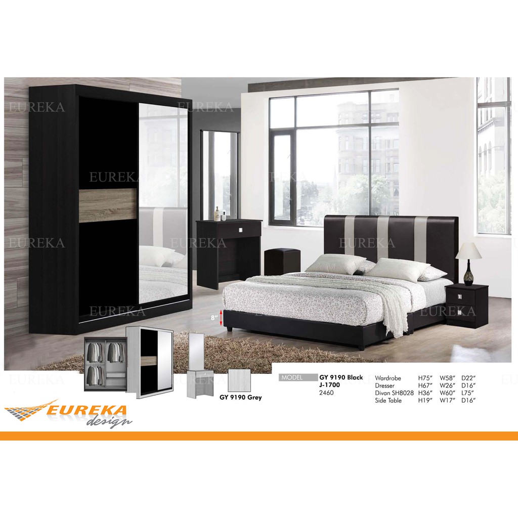 EUREKA Bedroom Set Wardrobe Queen Divan Bed Dressing Side Table ...